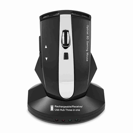 2.4GHz Rechargeable Wireless Optical Mouse Gaming Mice w/ Charging Dock Stand USB Hub Black